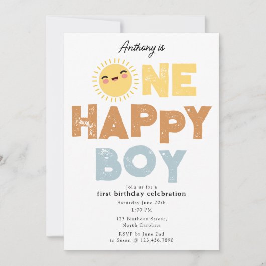 One Happy Boy Birthday Invite 1st Birthday Sun Kaart (Voorkant)