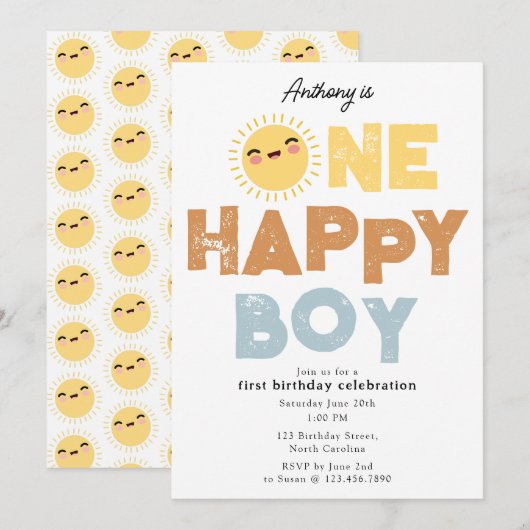 One Happy Boy Birthday Invite 1st Birthday Sun Kaart (Voorkant / Achterkant)