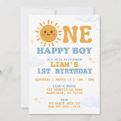 ONE Happy Boy Eerste Verjaardag Uitnodiging, Zon t Kaart (Voorkant)