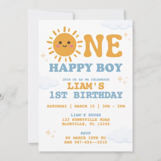 ONE Happy Boy Eerste Verjaardag Uitnodiging, Zon t Kaart (Voorkant)