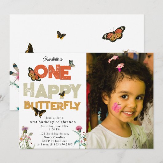 One Happy Butterfly 1st Wildflower Birthday Photo Kaart (Voorkant / Achterkant)