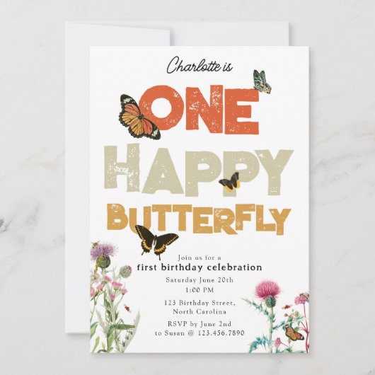 One Happy Butterfly Invite 1st Wildflower Birthday Kaart (Voorkant)