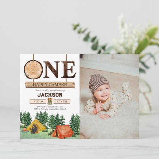 One Happy Camper 1st Birthday Foto Kaart (Staand voorkant)