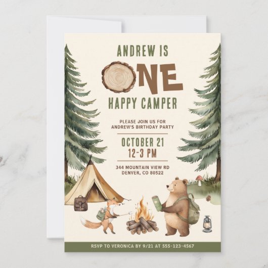 One Happy Camper 1st Birthday Invitation Boy  Kaart (Voorkant)