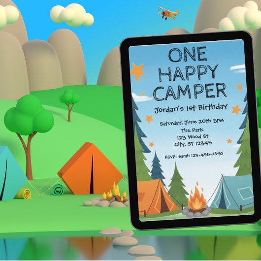 One Happy Camper, 1st birthday invitation Kaart