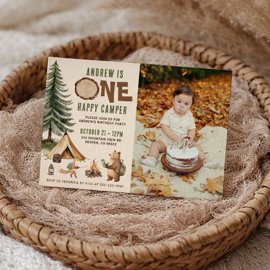 One Happy Camper 1st Birthday Invitation Photo Kaart