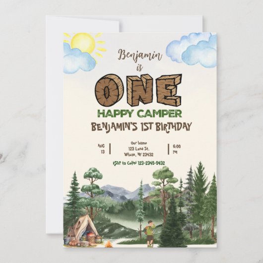 One Happy Camper 1st Birthday Invitation - Redacti Kaart (Voorkant)