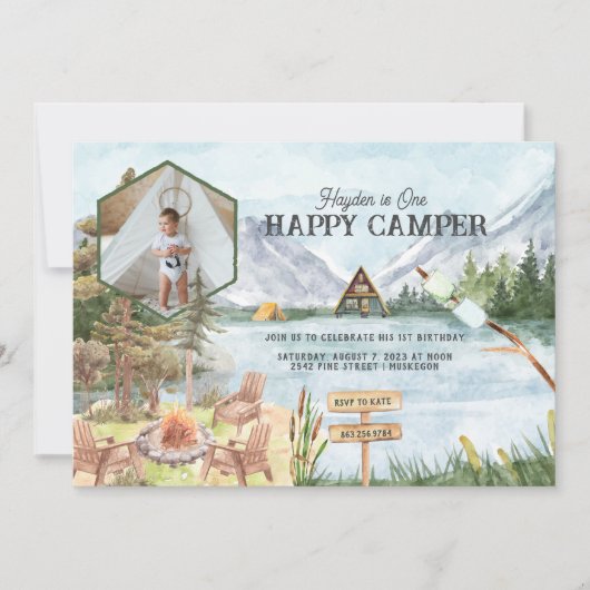 One Happy Camper 1st Birthday Photo Camping Kaart (Voorkant)