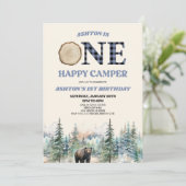 ONE Happy Camper Beer Blauw 1e Verjaardagsfeestje Kaart (Staand voorkant)