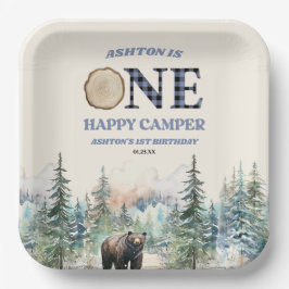 ONE Happy Camper Beer Blauw 1e Verjaardagsfeestje Papieren Bordje