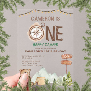 One Happy Camper Beer Woodland 1e Verjaardag Acryl Uitnodigingen