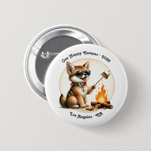 One Happy Camper Coyote Camping 1e verjaardag Ronde Button 5,7 Cm (Voorkant /achterkant)