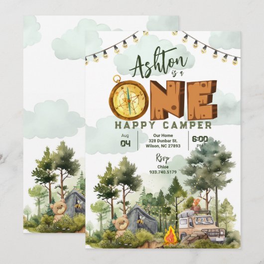 One Happy Camper First Birthday Invitation Kaart (Voorkant / Achterkant)