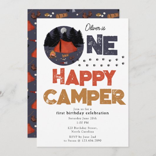 One Happy Camper Invite 1st Summer Birthday Kaart (Voorkant / Achterkant)