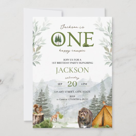 ONE Happy Camper Mountains Adventure 1e verjaardag Kaart (Voorkant)