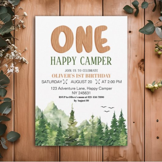 One Happy Camper Rustic Green Forest 1e Verjaardag Kaart