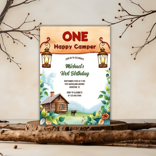 One Happy Camper Rustic Woodland 1e verjaardag Kaart