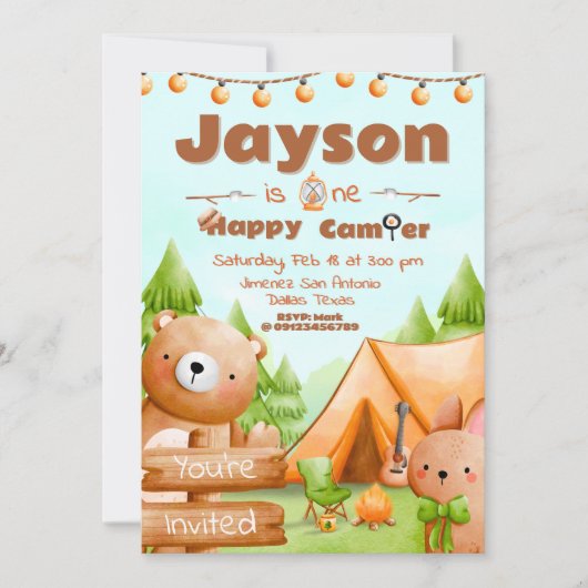 One Happy Camper - Uitnodiging 1e verjaardag (Voorkant)