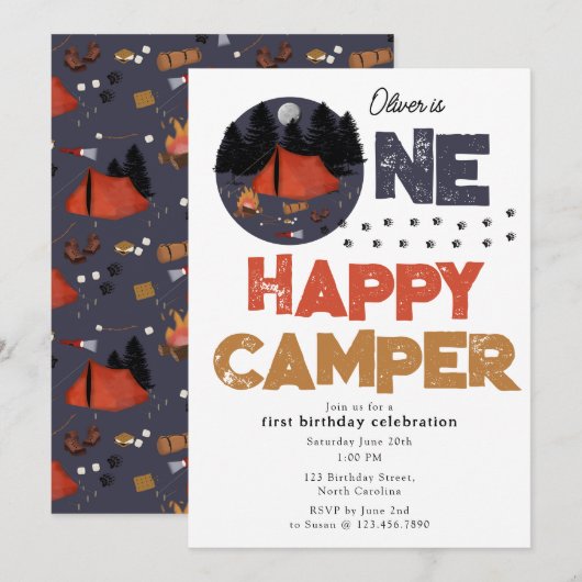 One Happy Camper Uitnodiging 1e Verjaardag Zomer (Voorkant / Achterkant)