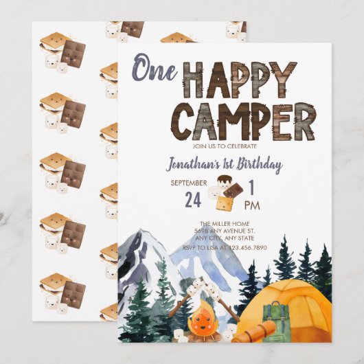 One Happy Camper | Uitnodiging tot kamperen van de (Voorkant / Achterkant)