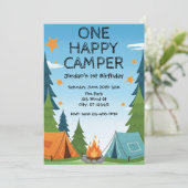 One Happy Camper, uitnodiging voor 1e verjaardag (Staand voorkant)