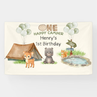 One Happy Camper Wood Watercolor Animal Birthday Spandoek