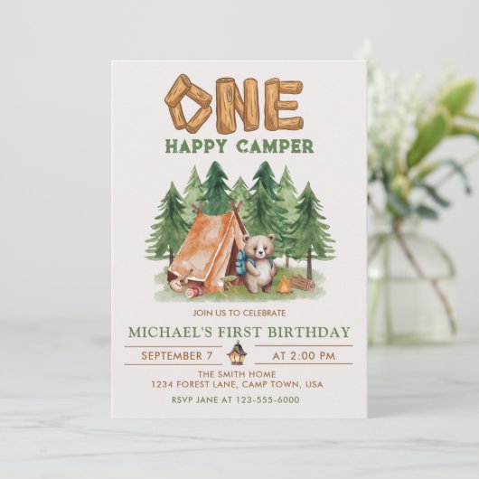 One Happy Camper Woodland Waterverf 1e Verjaardag Kaart (Staand voorkant)