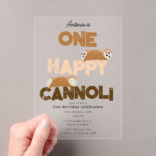 One Happy Cannoli Invite 1st  First Birthday Cute Acryl Uitnodigingen (Insitu (Draagbaar))