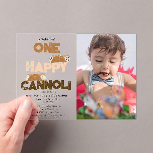 One Happy Cannoli Invite 1st  First Birthday Photo Acryl Uitnodigingen (Insitu (Draagbaar))