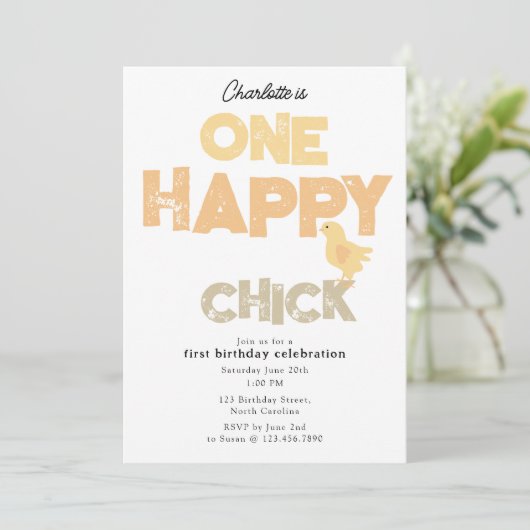 One Happy Chick Invite 1st Baby Chicken Birthday Kaart (Staand voorkant)