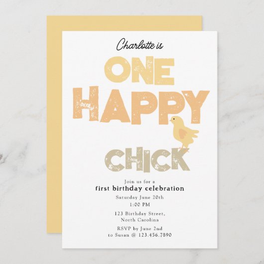 One Happy Chick Invite 1st Baby Chicken Birthday Kaart (Voorkant / Achterkant)