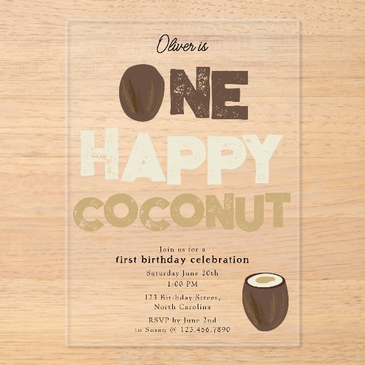 One Happy Coconut Invite 1st Summer Birthday Acryl Uitnodigingen (Voorkant)