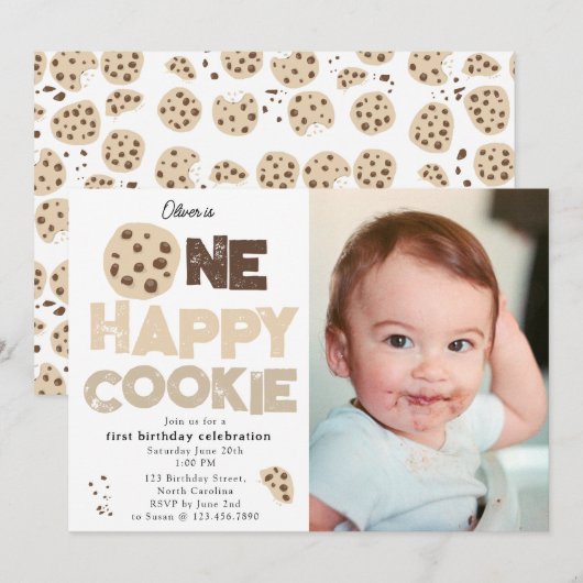 One Happy Cookie Invite 1st  First Birthday Photo Kaart (Voorkant / Achterkant)