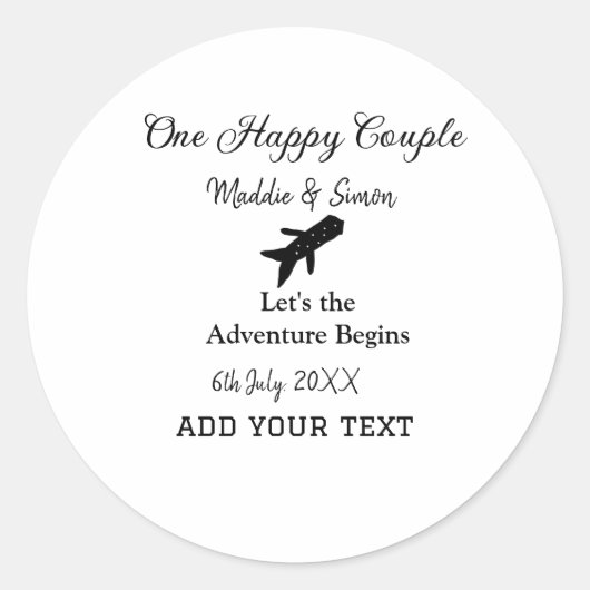 One happy Couple Let's Adventure begint bruiloft c Ronde Sticker (Voorkant)