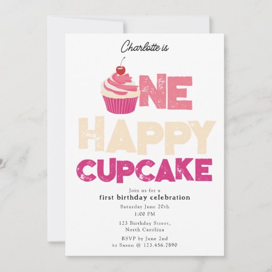 One Happy Cupcake Invite 1st First Birthday Cute Kaart (Voorkant)