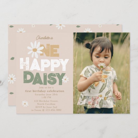 One Happy Daisy Invite 1st  First Birthday Photo Kaart (Voorkant / Achterkant)