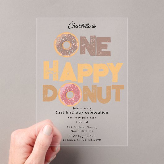 One Happy Donut Invite 1st  First Birthday Cute Acryl Uitnodigingen (Insitu (Draagbaar))