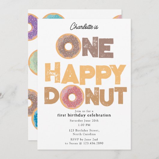 One Happy Donut Invite 1st  First Birthday Cute Kaart (Voorkant / Achterkant)