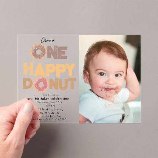 One Happy Donut Invite 1st First Birthday Photo Acryl Uitnodigingen (Insitu (Draagbaar))