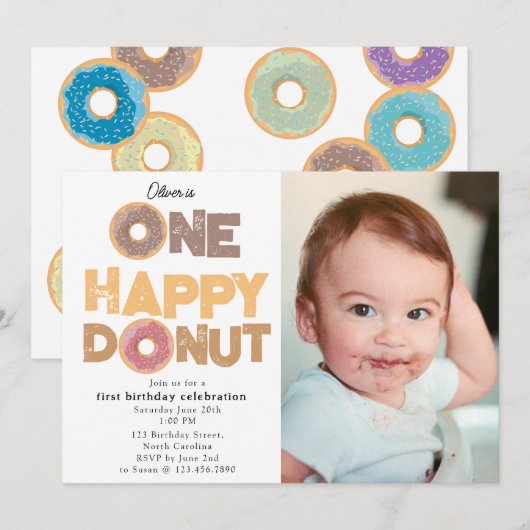 One Happy Donut Invite 1st  First Birthday Photo Kaart (Voorkant / Achterkant)