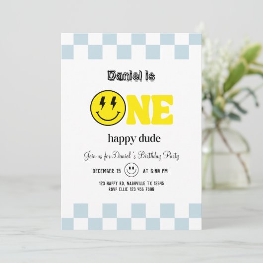 One Happy Dude 1st Birthday Boy Party – Schattige  Kaart (Staand voorkant)