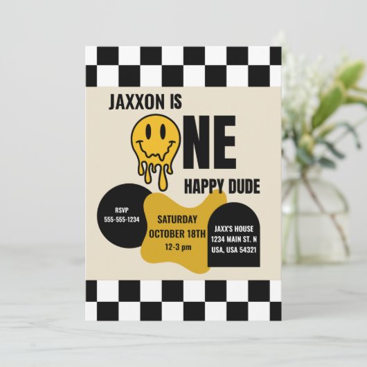 ONE Happy Dude Birthday Invitation Kaart (Staand voorkant)