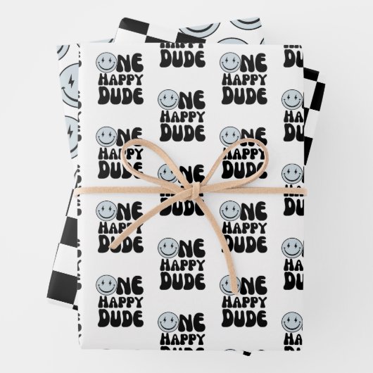One Happy Dude Blue Happy Face Boy Eerste Verjaard Inpakpapier Vel (In situ)