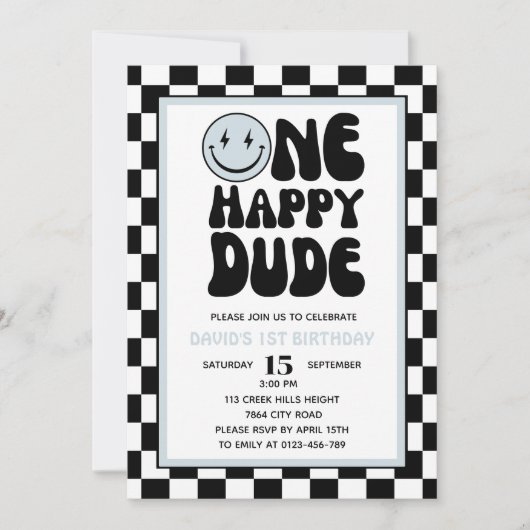 One Happy Dude Blue Happy Face Boy Eerste Verjaard Kaart (Voorkant)