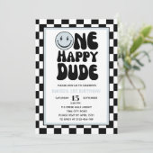 One Happy Dude Blue Happy Face Boy Eerste Verjaard Kaart (Staand voorkant)