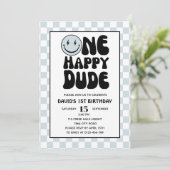 One Happy Dude Blue Happy Face Boy Eerste Verjaard Kaart (Staand voorkant)