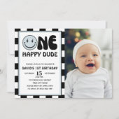 One Happy Dude Blue Happy Face Boy Verjaardagsfoto Kaart (Voorkant)