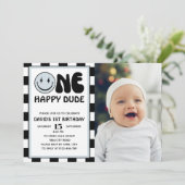 One Happy Dude Blue Happy Face Boy Verjaardagsfoto Kaart (Staand voorkant)