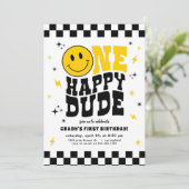 One Happy Dude First Birthday Invitation Boy Kaart (Staand voorkant)