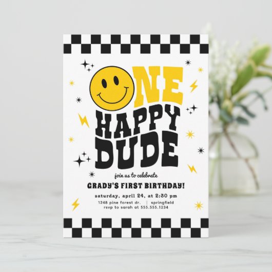 One Happy Dude First Birthday Invitation Boy Kaart (Staand voorkant)